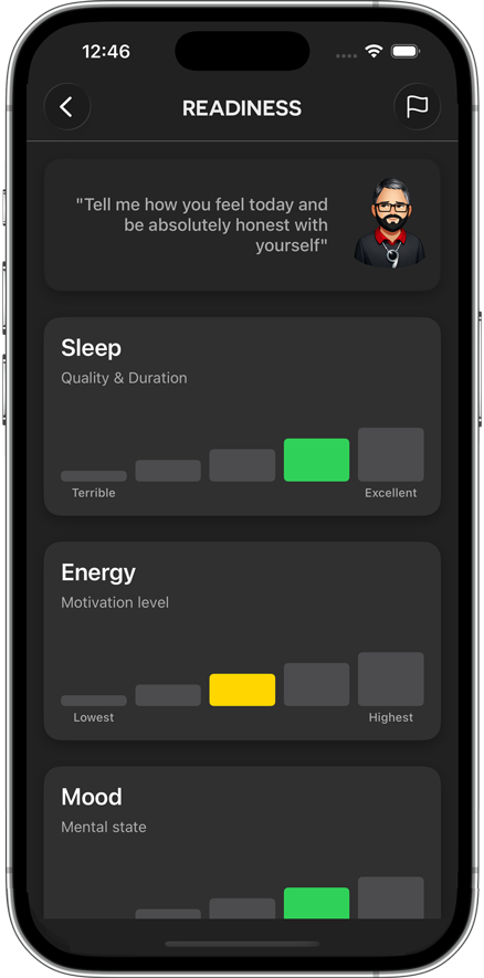 Sheiko Gold readiness check-in asking about sleep quality, energy, and mood before a workout