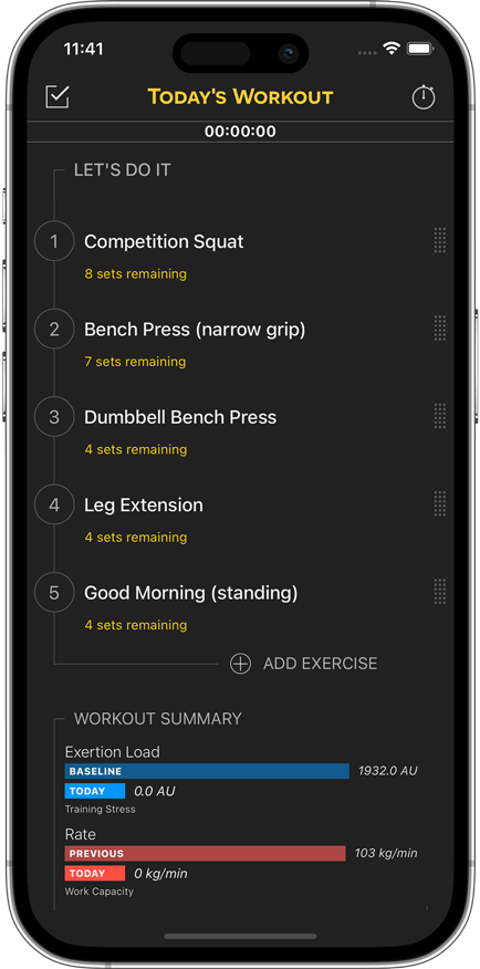 Sheiko Gold today's workout screen showing AI-generated sets, reps, and weights for the current session