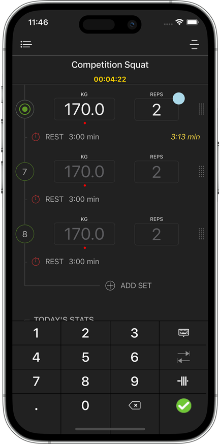 Sheiko Gold workout screen showing a Competition Squat set with a 3-minute rest timer counting down and weight/rep entry for upcoming sets